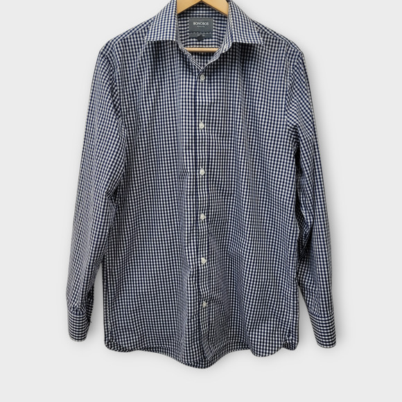 Bonobos Button‎ Up Shirt Mens 16.5 36 Standard Fit Navy Blue White Gingham Check - Picture 1 of 9